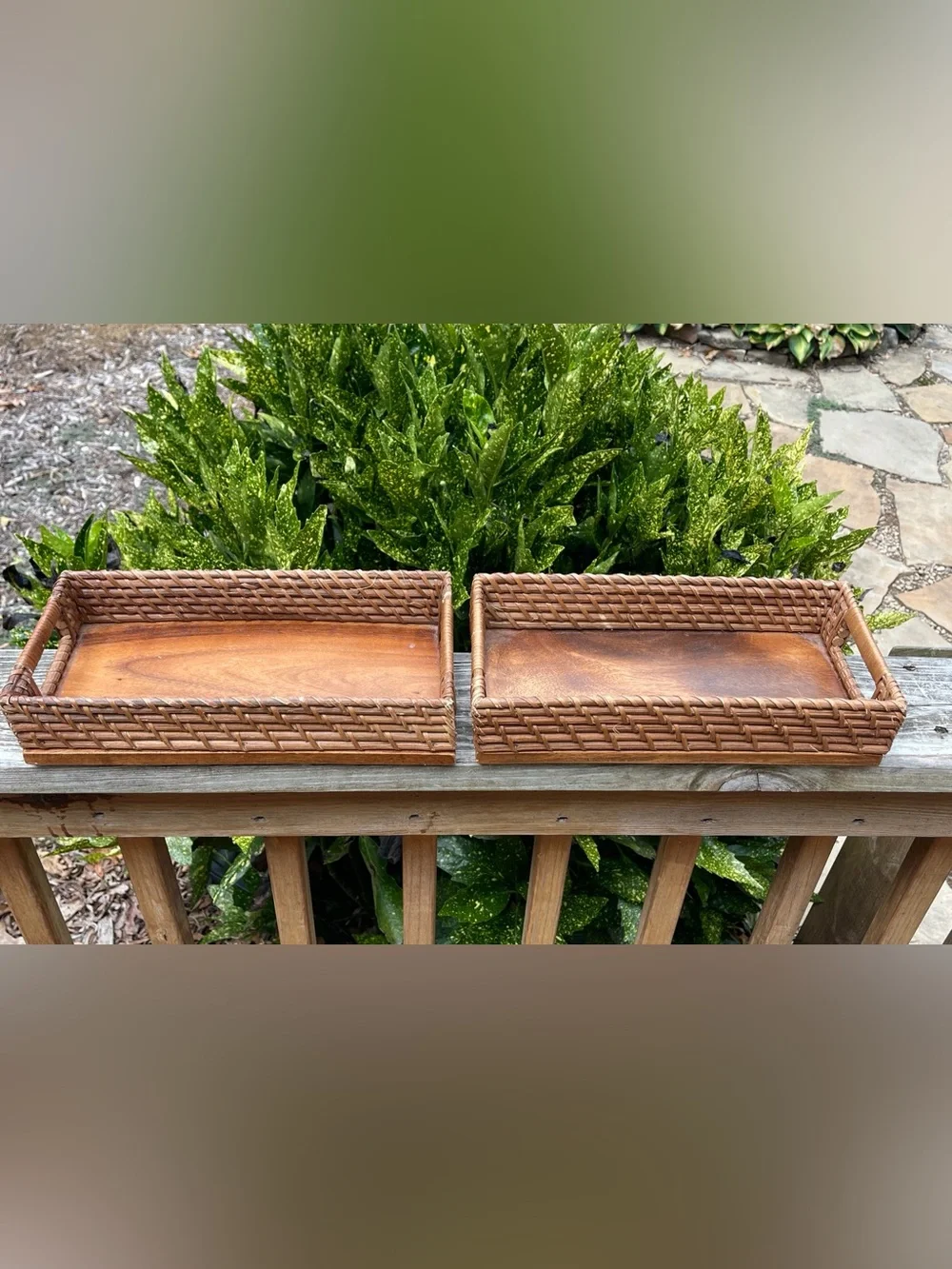 Vintage rattan and wood basket tray set of 2